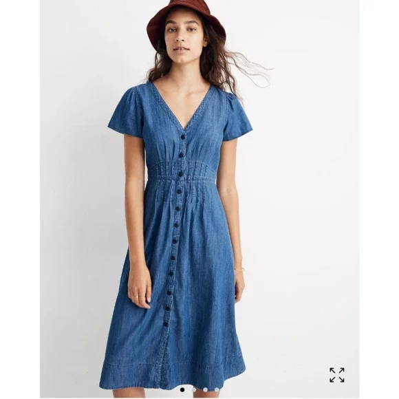 Madewell Midi Shirt Dress 6 Chambray Denim Pleated Cottage Blue Button Western - Picture 1 of 16